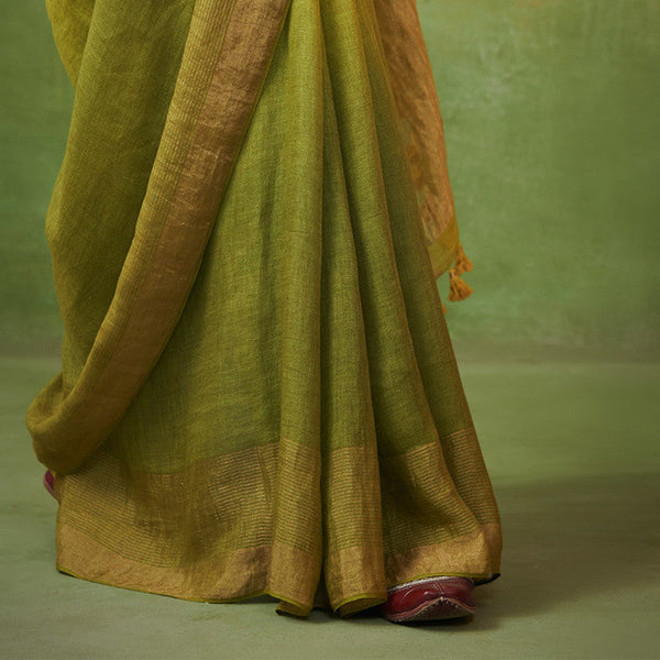 Festive Wear | Pure Linen Ombre Saree | Olive Green