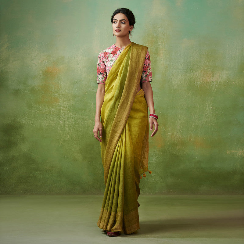 Festive Wear | Pure Linen Ombre Saree | Olive Green