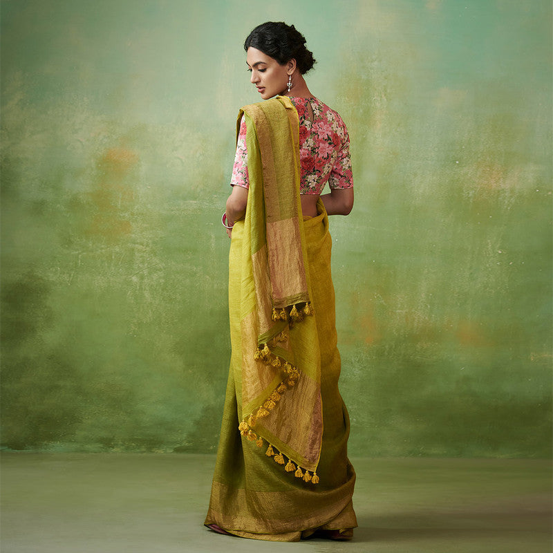 Festive Wear | Pure Linen Ombre Saree | Olive Green