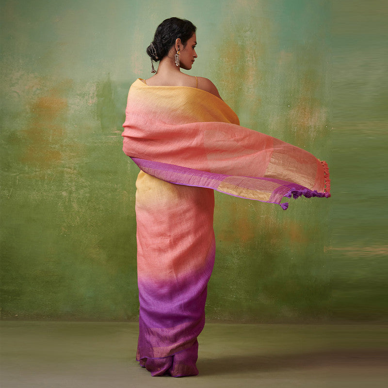 Pure Linen Saree | Yellow & Purple Ombre