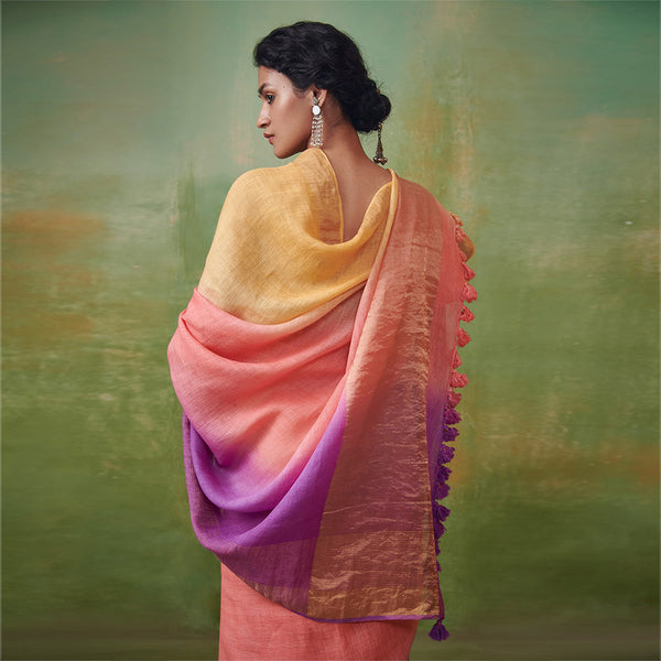 Pure Linen Saree | Yellow & Purple Ombre