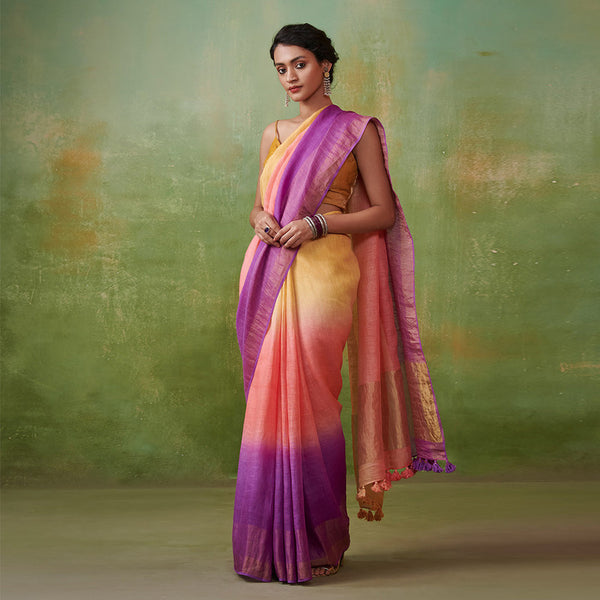 Pure Linen Saree | Yellow & Purple Ombre