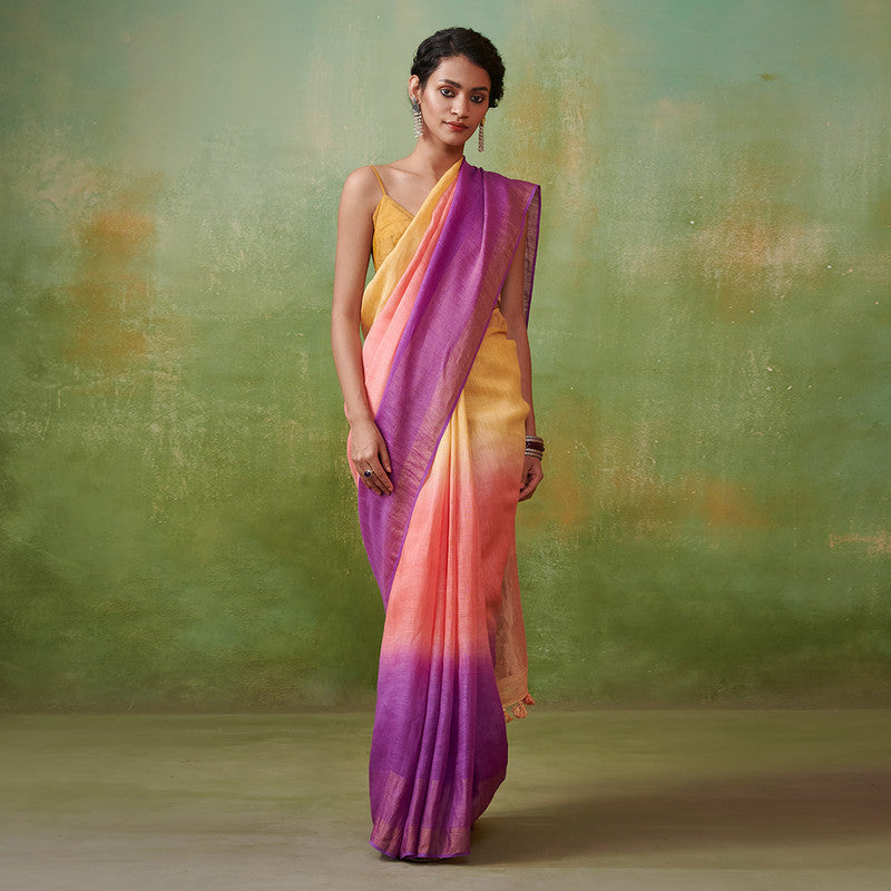 Pure Linen Saree | Yellow & Purple Ombre