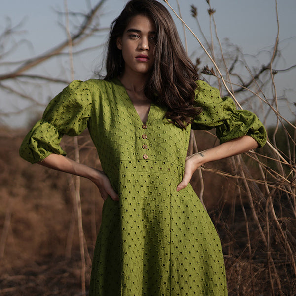 Cotton Ankle Length Dress | Green