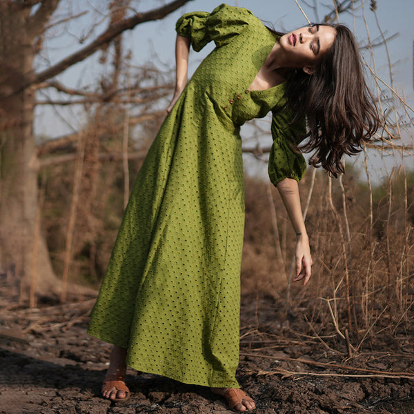 Cotton Ankle Length Dress | Green