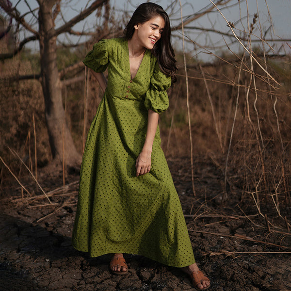 Cotton Ankle Length Dress | Green