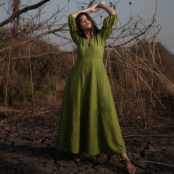 Cotton Ankle Length Dress | Green