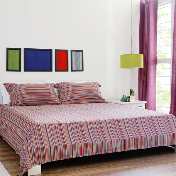 Pure Cotton Striped Bedsheet with 2 Pillow Covers | Red