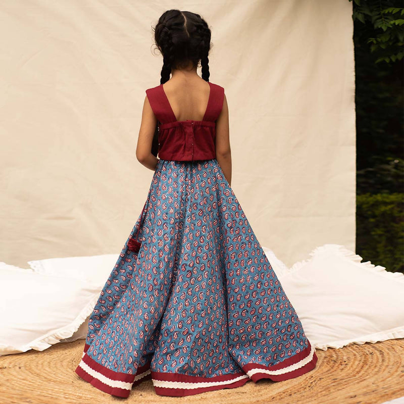 Pure Cotton Lehenga Set for Girls | Blue & Maroon