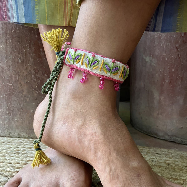 Cotton Cloth Anklet | White & Pink