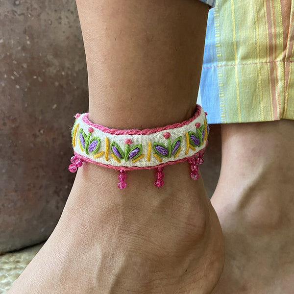 Cotton Cloth Anklet | White & Pink