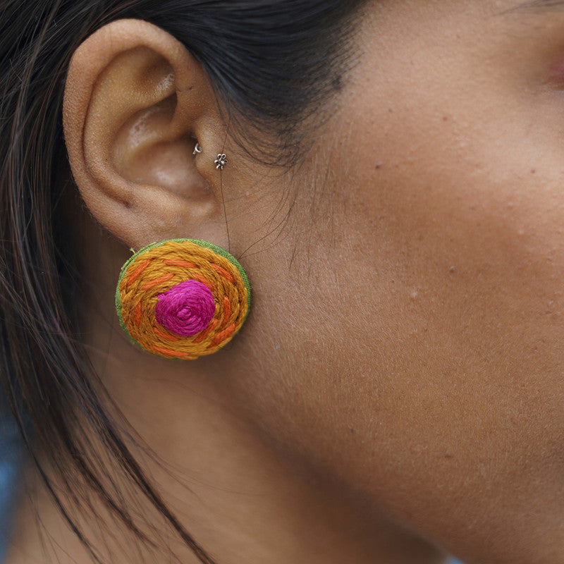 Cotton Thread Stud Earrings | Hand Embroidered | Yellow & Pink