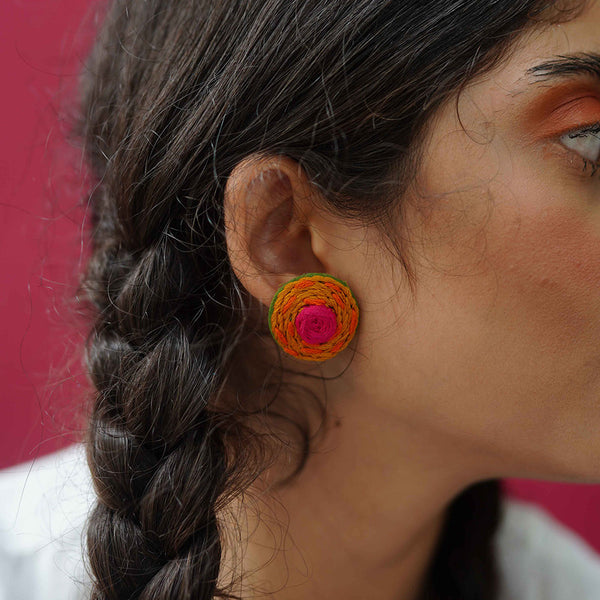 Cotton Thread Stud Earrings | Hand Embroidered | Yellow & Pink