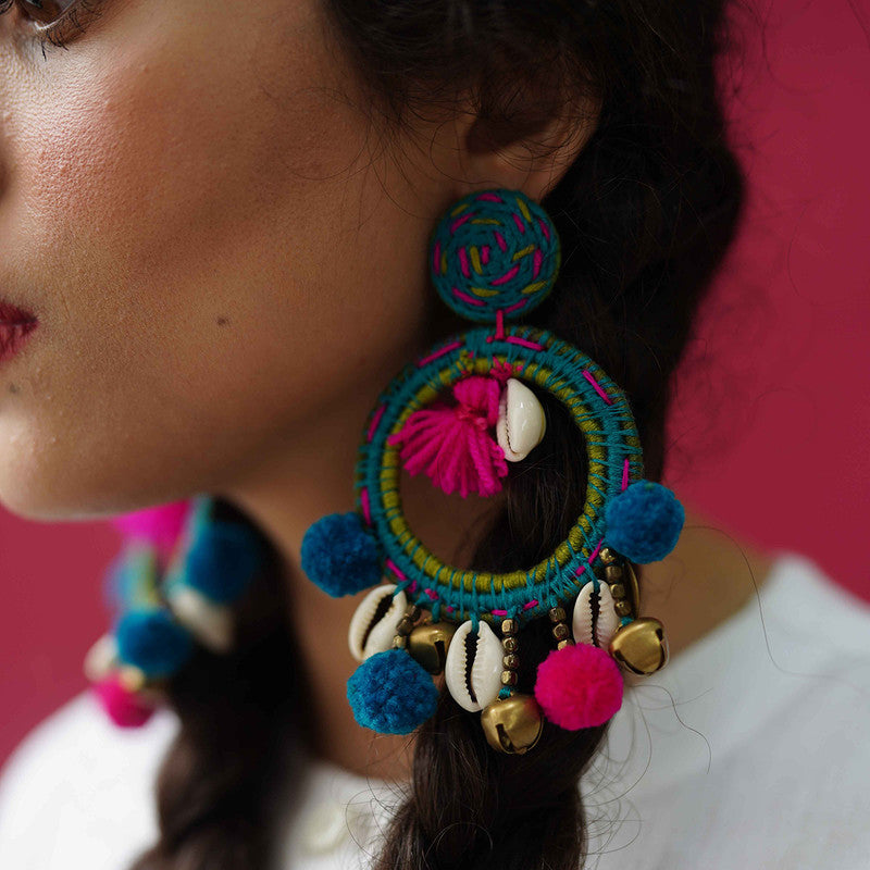 Cotton Thread Stud Earrings | Cowry & Ghungroo | Blue & Pink