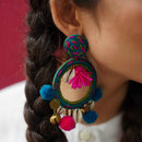 Cotton Thread Stud Earrings | Cowry & Ghungroo | Blue & Pink