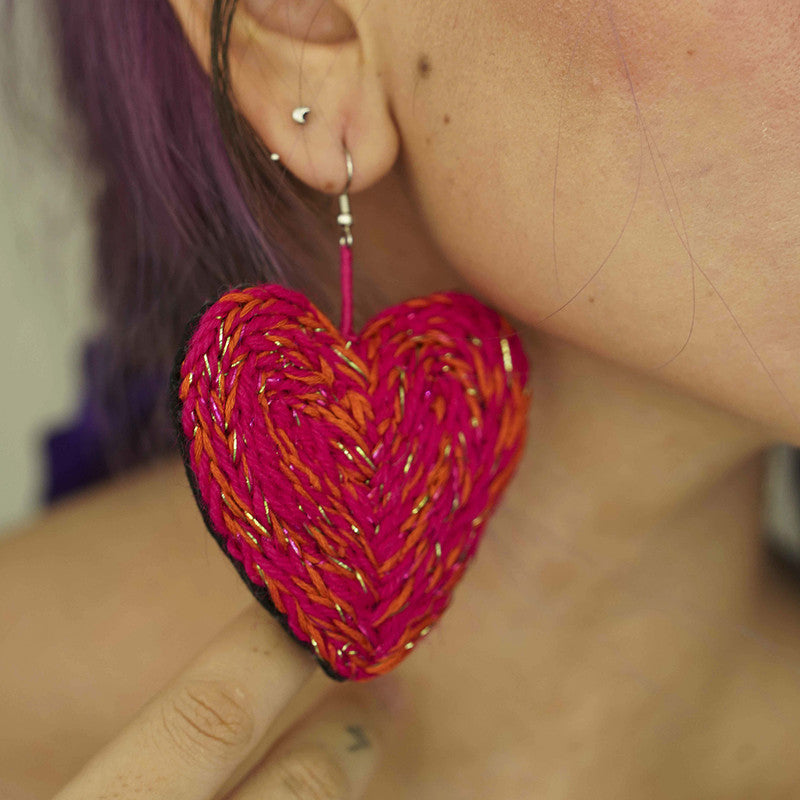 Cotton Thread Dangler Earrings | Heart | Pink & Orange