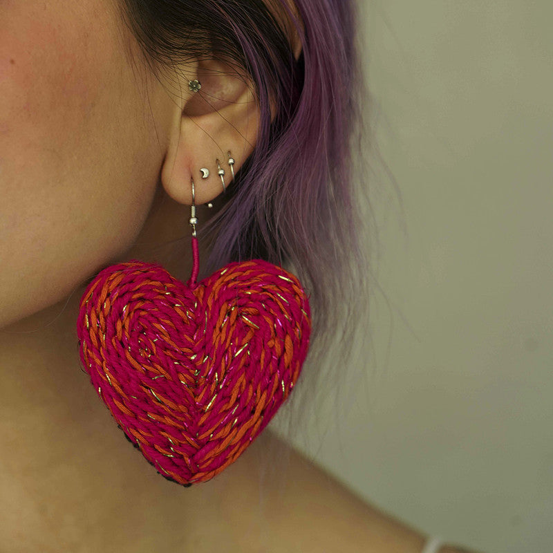 Cotton Thread Dangler Earrings | Heart | Pink & Orange