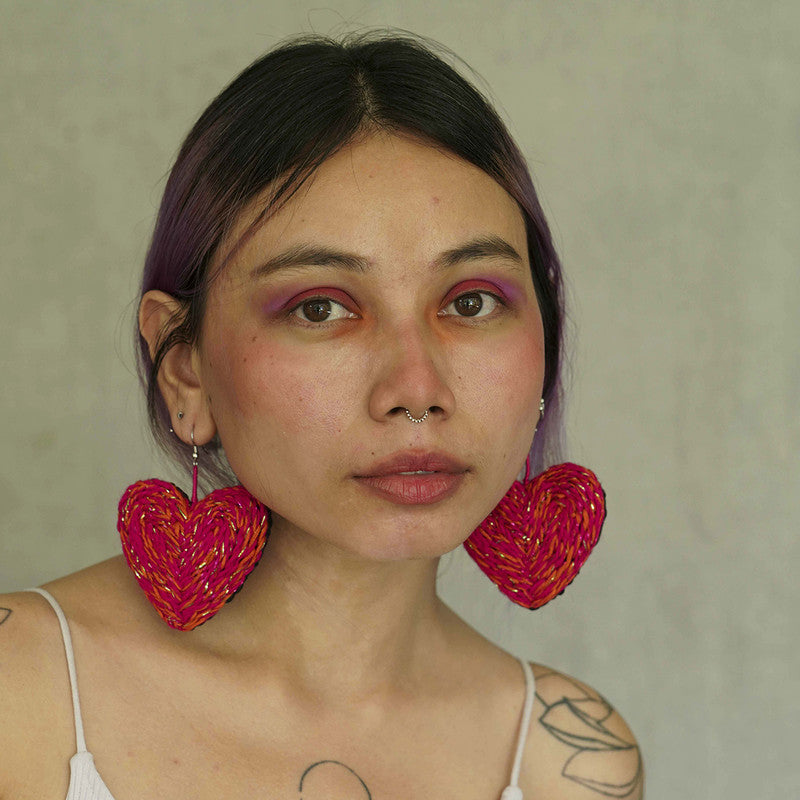 Cotton Thread Dangler Earrings | Heart | Pink & Orange