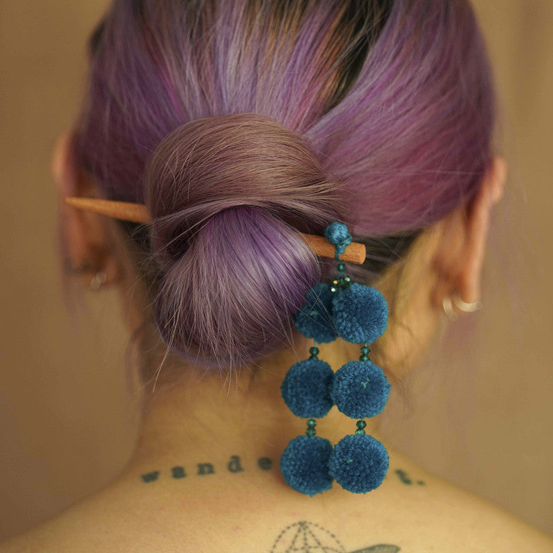 Wooden Hair Stick | Pom Poms | Blue