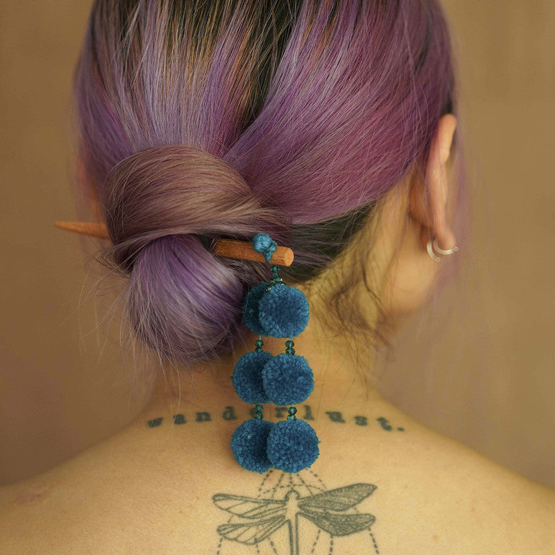 Wooden Hair Stick | Pom Poms | Blue