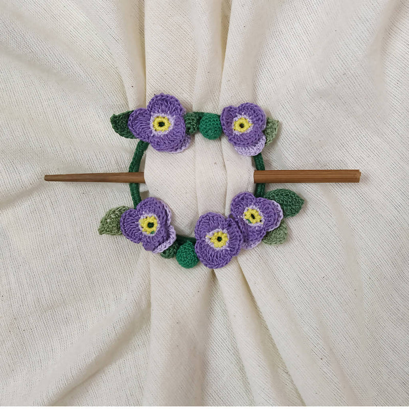 Cotton Yarn Purple Pansy Crochet Hair Tie