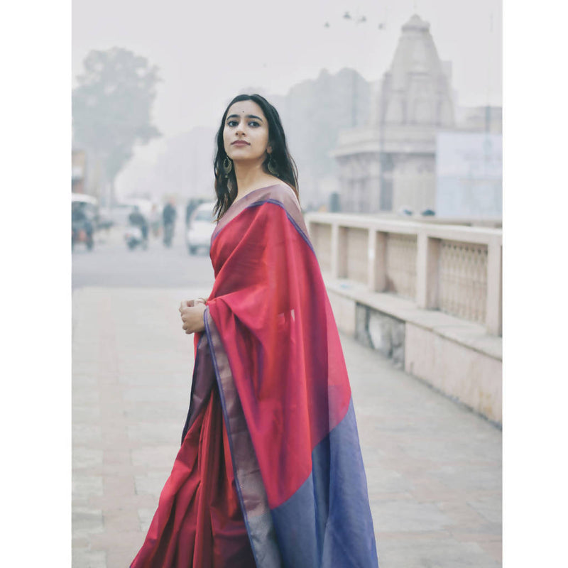 Festive Wear | Maheshwari Cotton Silk Saree | Red & Blue