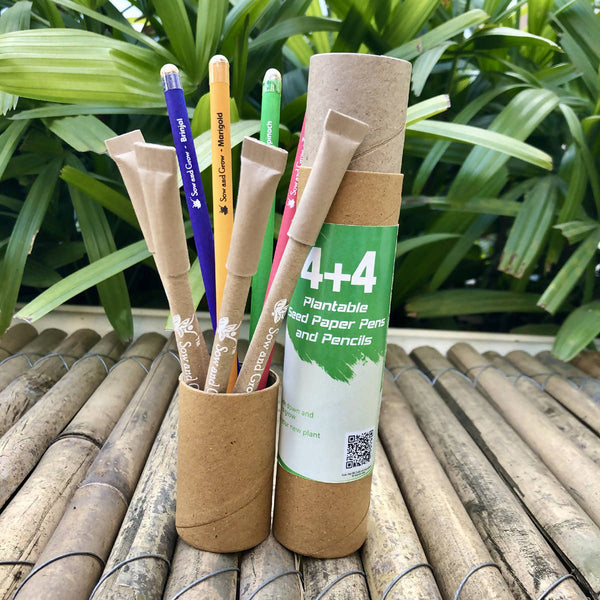 Plantable 4+4 Combo : 4 Seed Pencils + 4 Seed Paper Pens in a Re-usable Stationary Box