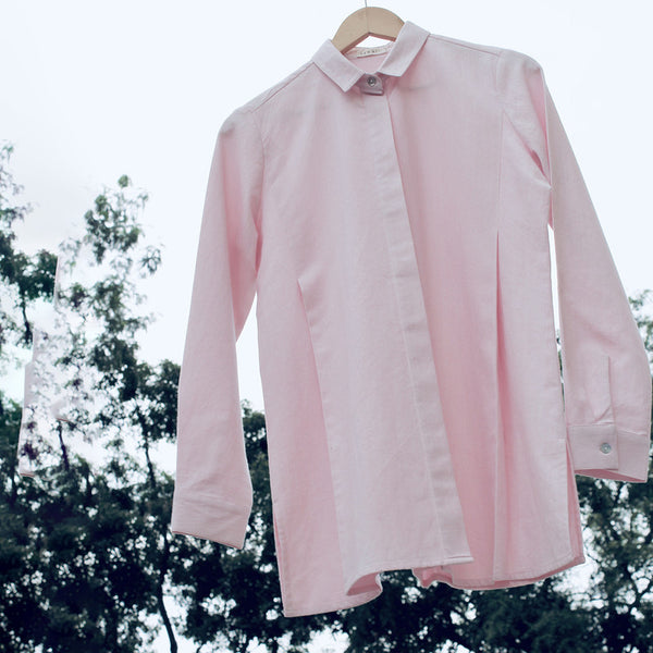 Cotton Full Sleeves Shirt | Pleated & Relaxed Fit | Pink