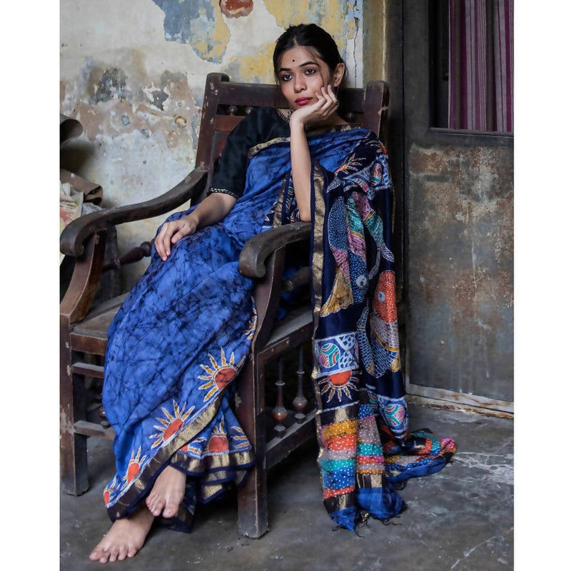 Festive Wear | Maheshwari Cotton Silk Batik Saree | Dark Blue