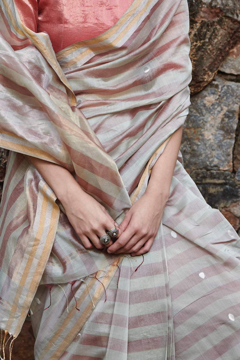 Maheshwari Silk Striped Saree | Grey & Pink