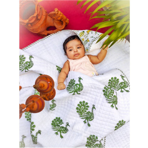 Pure Muslin Baby Blanket | Mystic Peacock | Handblock