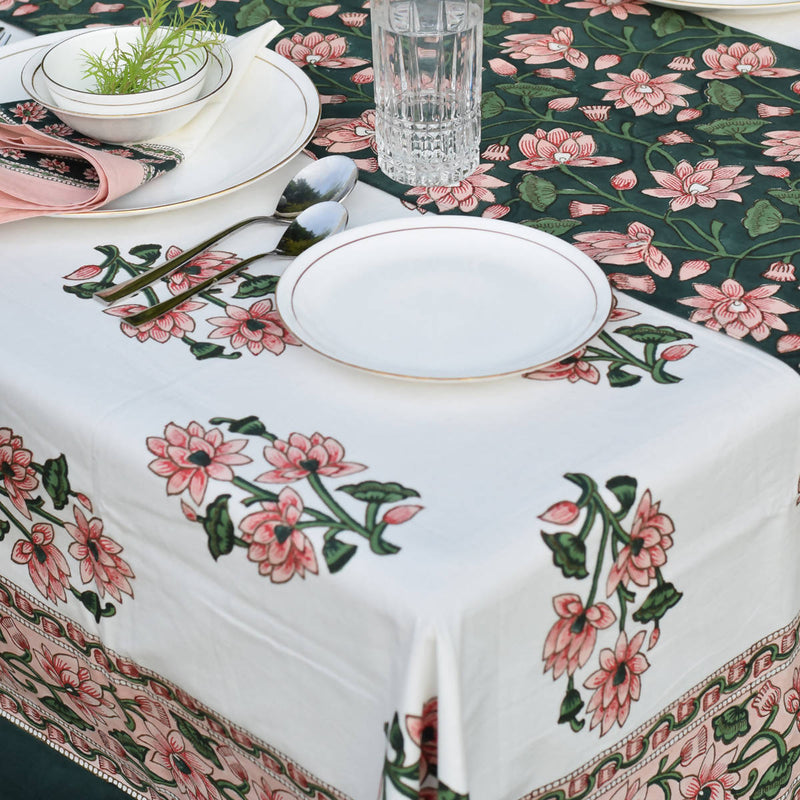 Handblock Printed |Cotton Table Cover | Pink & Green