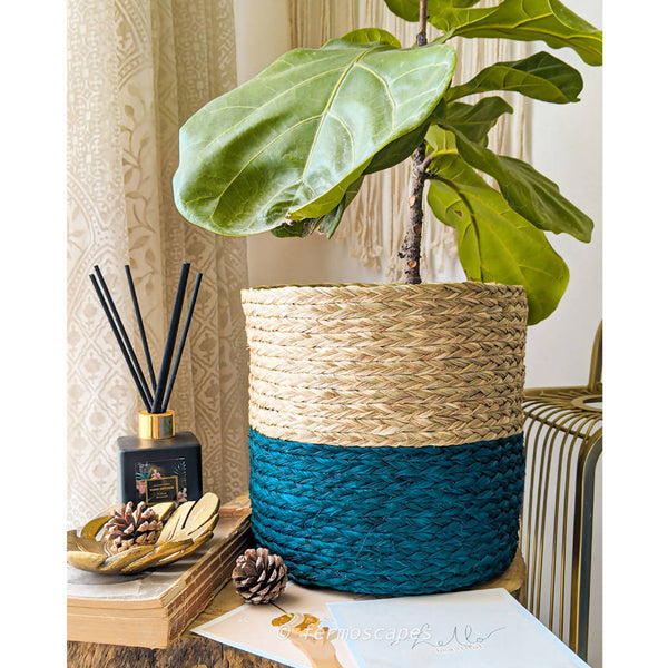 Handcrafted Beige & Blue Sabai Grass Planter