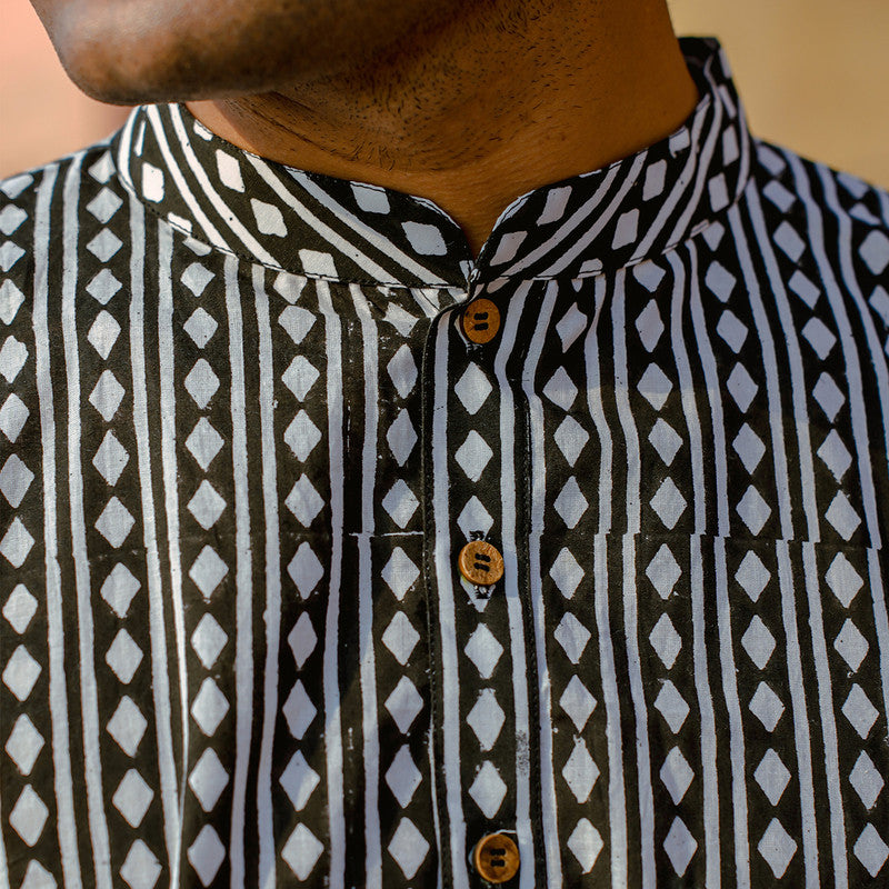 Cotton Kurta for Men | Geometric Handblock Print | Black