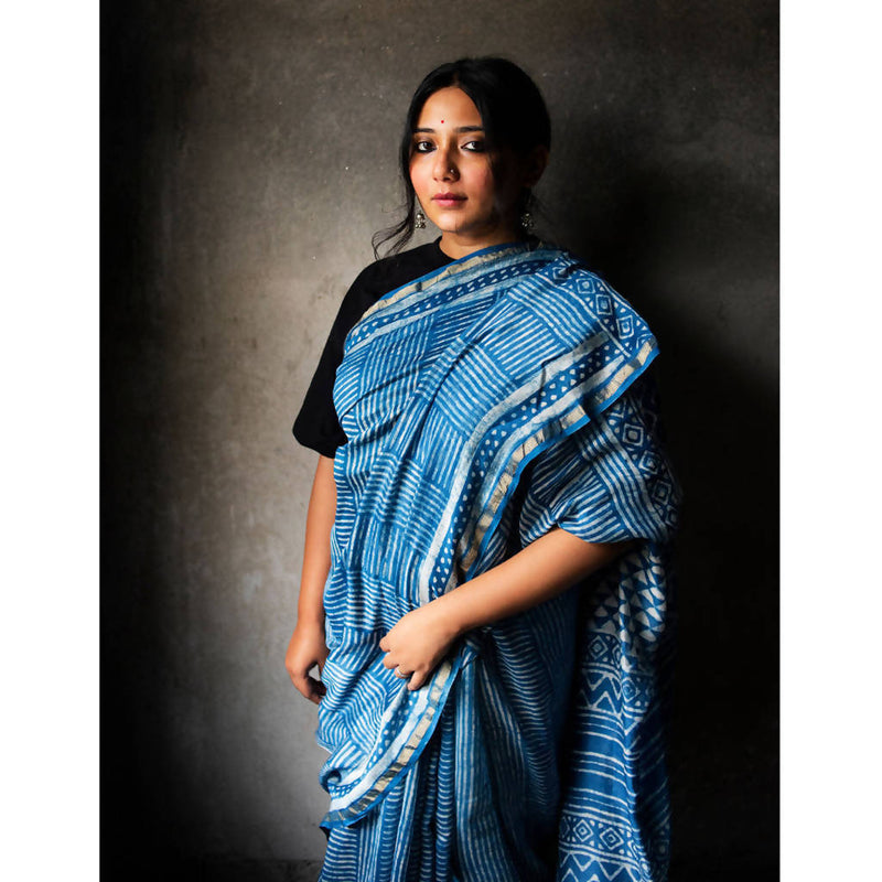 Festive Wear | Natural Dyed Blue Dabu Printed Chanderi Saree