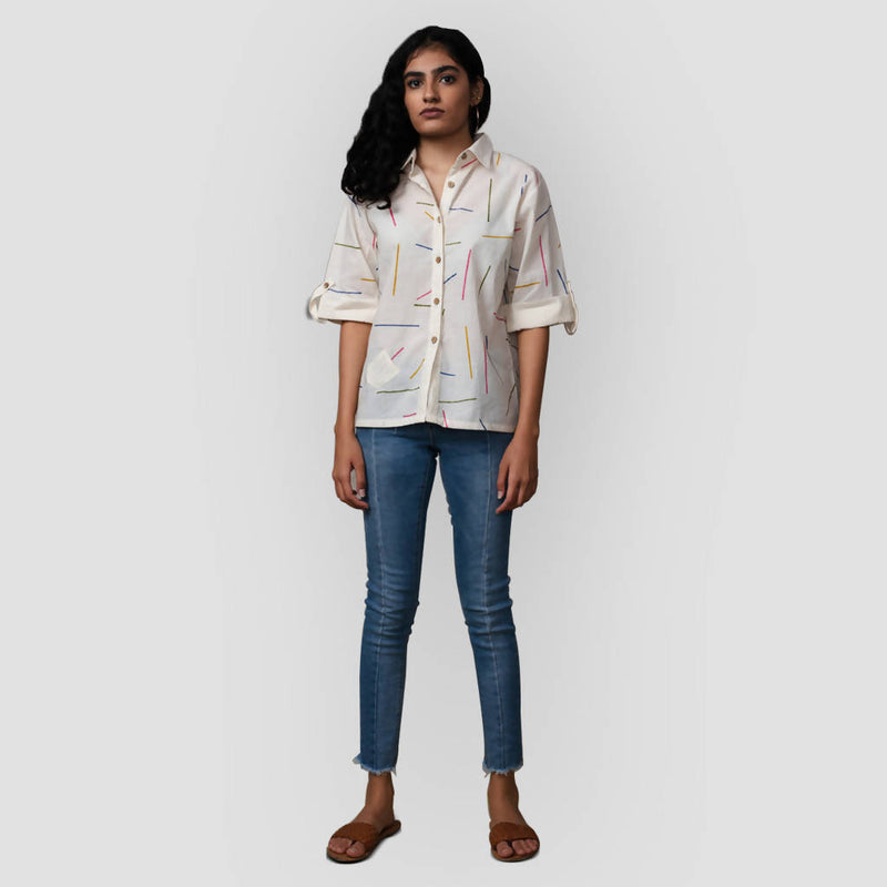 Cotton Handblock Printed Shirt | White