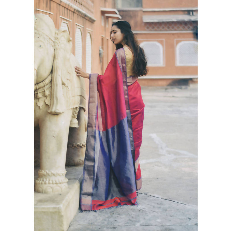 Maheshwari Cotton Silk Saree | Red & Blue