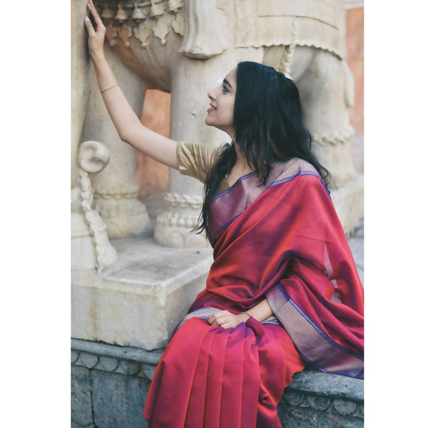 Maheshwari Cotton Silk Saree | Red & Blue