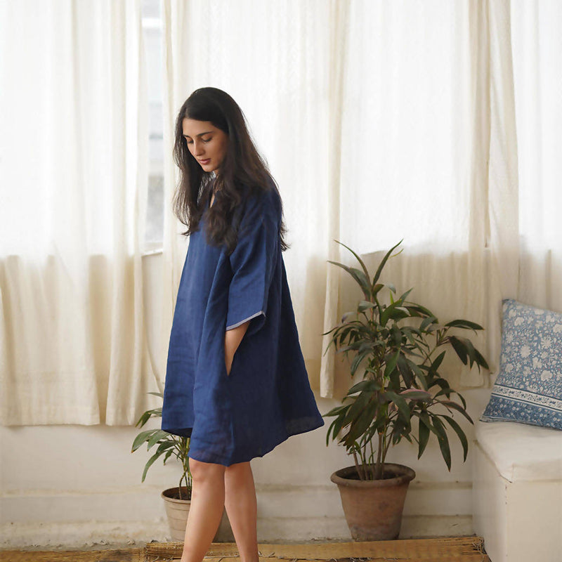 Linen Dress For Women | Kimono Sleeves | Indigo