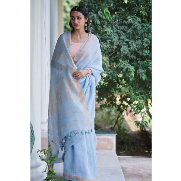 Festive Wear | Pure Linen Saree | Light Blue with Golden Zari