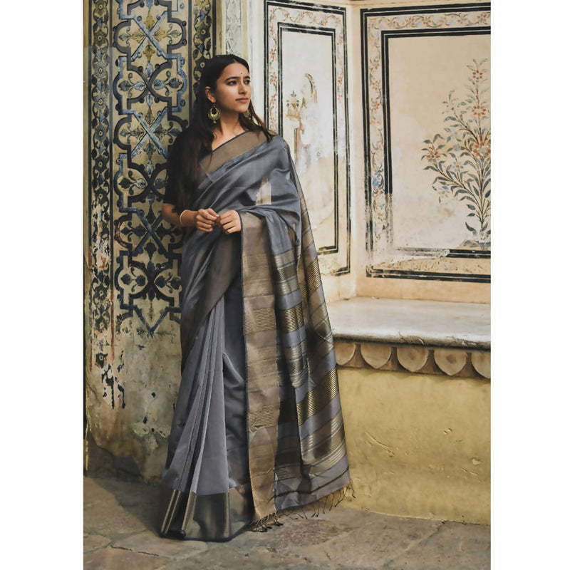 Festive Wear | Maheshwari Cotton Silk Saree | Grey & Gold