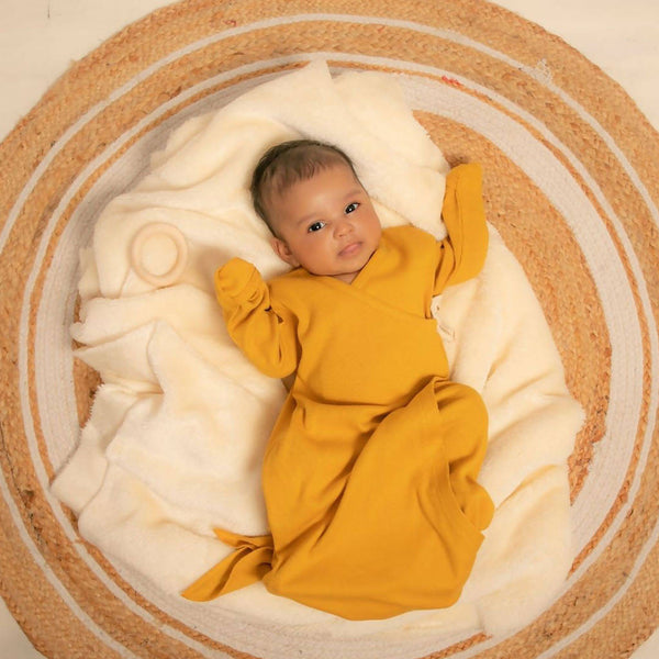 Ribbed Cotton Onesie Gown for Baby | Kimono Gown | Mustard