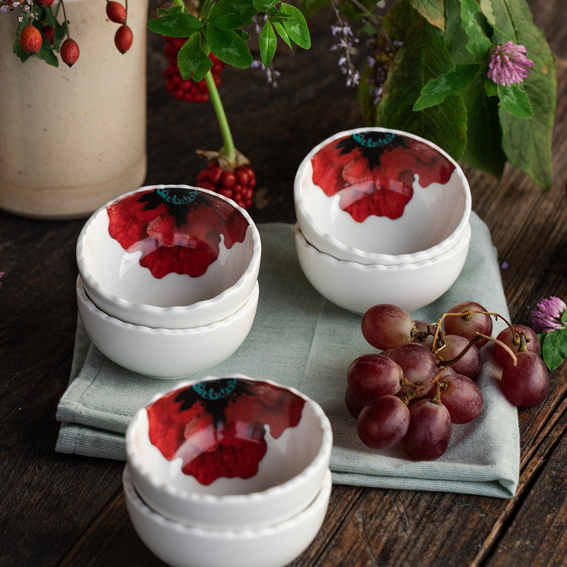 Ceramic Bowls | Small | Ivory & Red | Lead-Free | Set of 4
