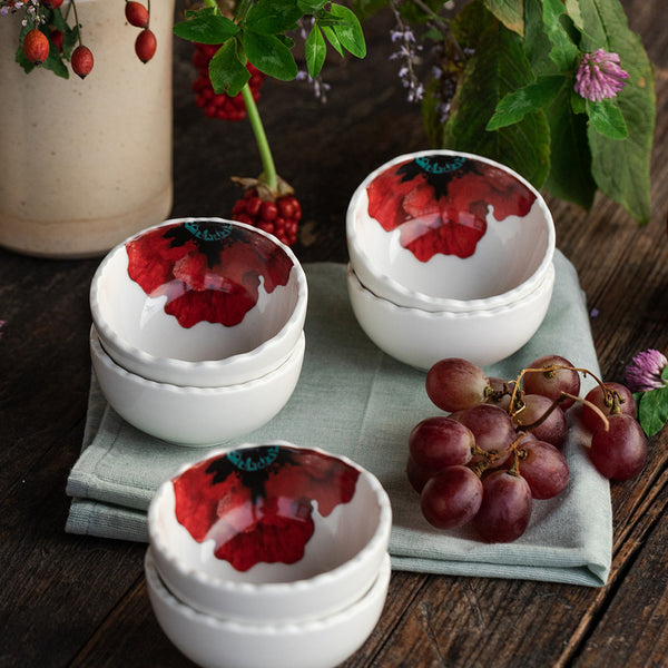 Ceramic Bowls | Small | Ivory & Red | Lead-Free | Set of 6