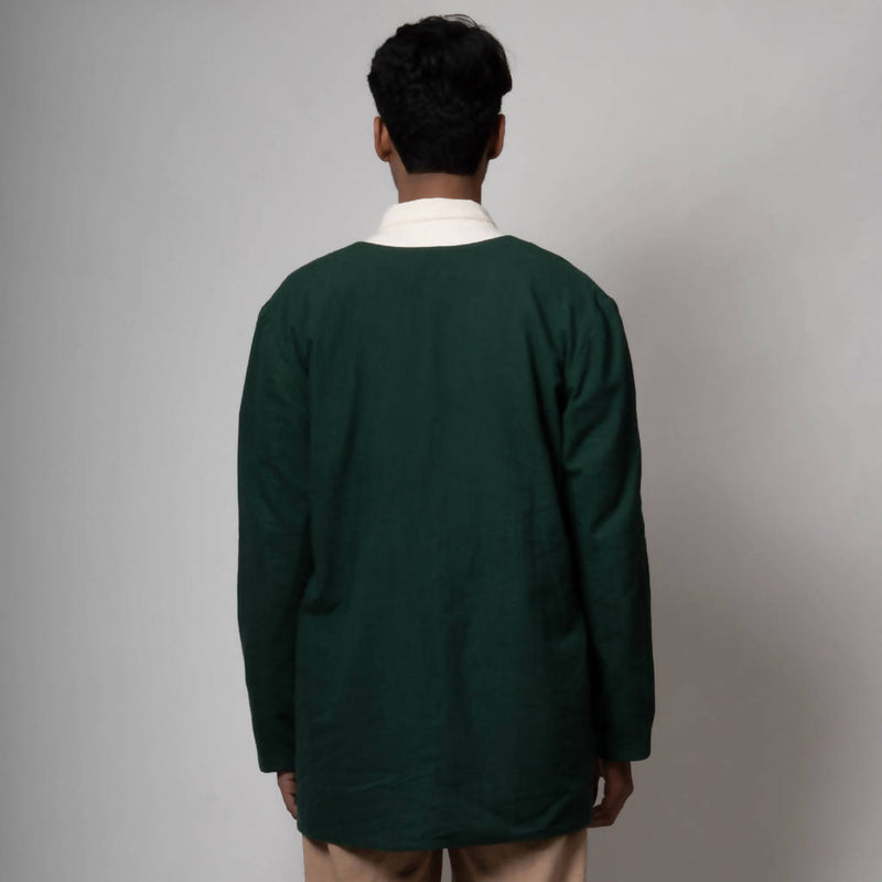 Handcrafted Pure Cotton V-neck Jacket | Green