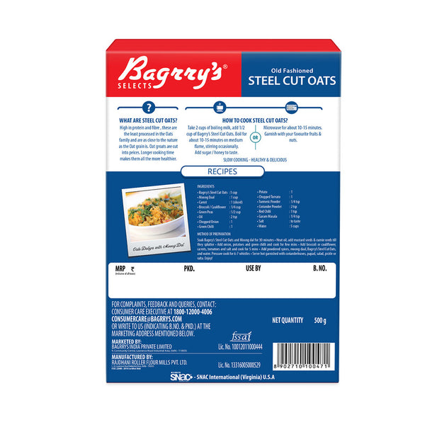 Bagrry's Steel Cut Oats | High in Dietary Fibre & Protein | Helps Reduce Cholesterol | 500 g