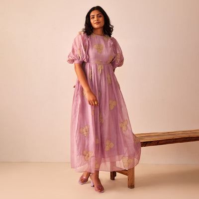 Chanderi Cotton Dress for Women | Flared  Dress | Lavender