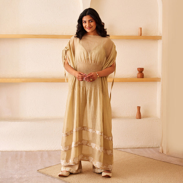 Cotton Chanderi Kaftan Kurta Set | Beige