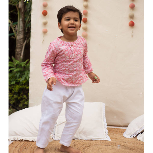 Organic Cotton Printed Kurta Set for Boys | White & Red