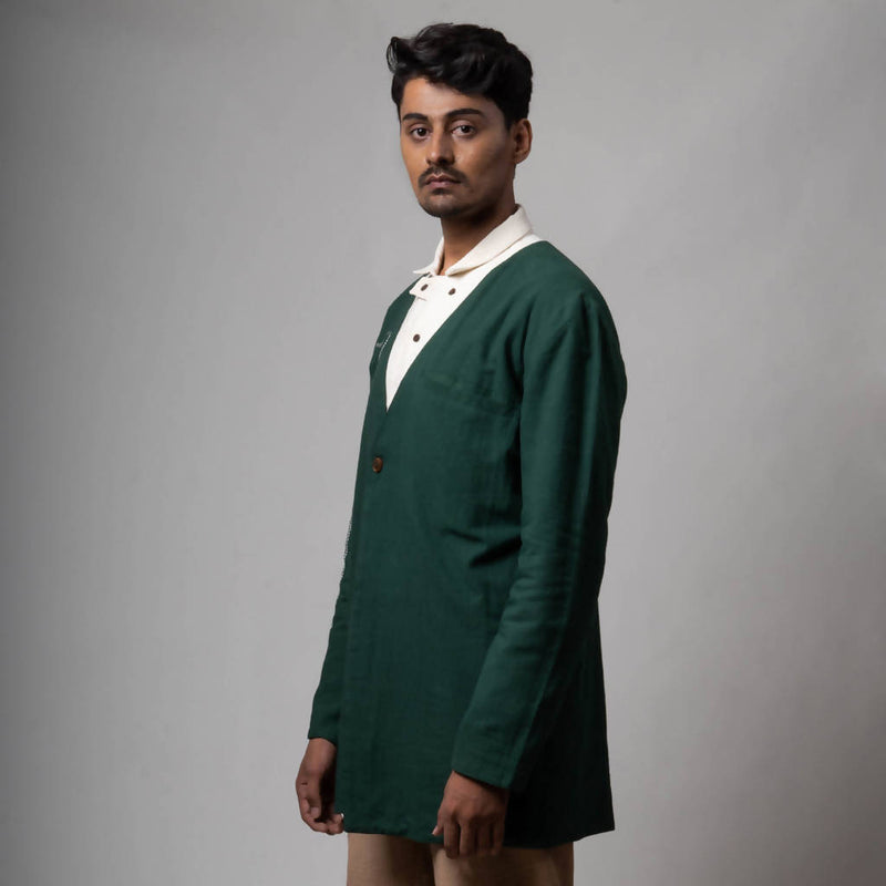 Handcrafted Pure Cotton V-neck Jacket | Green